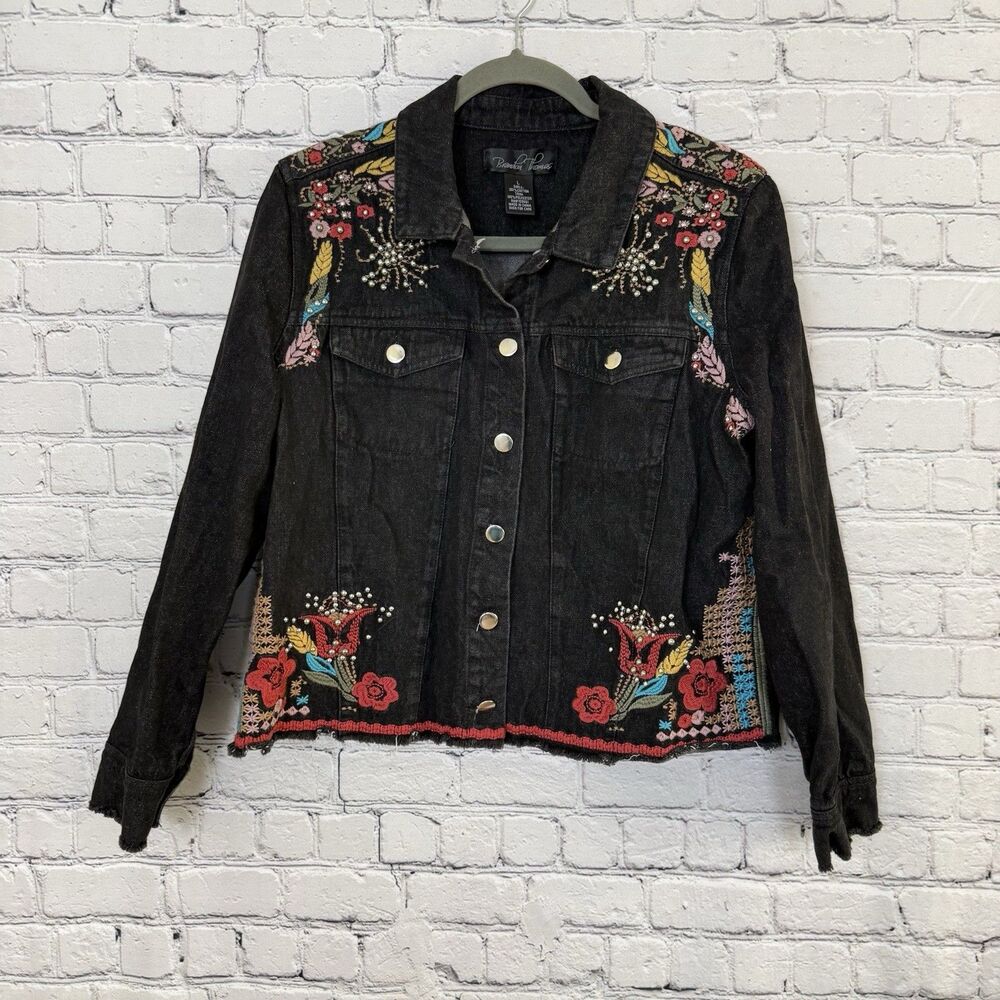 Brandon Thomas Womens L Black Denim Jacket Floral Embroidered Beaded Cropped
